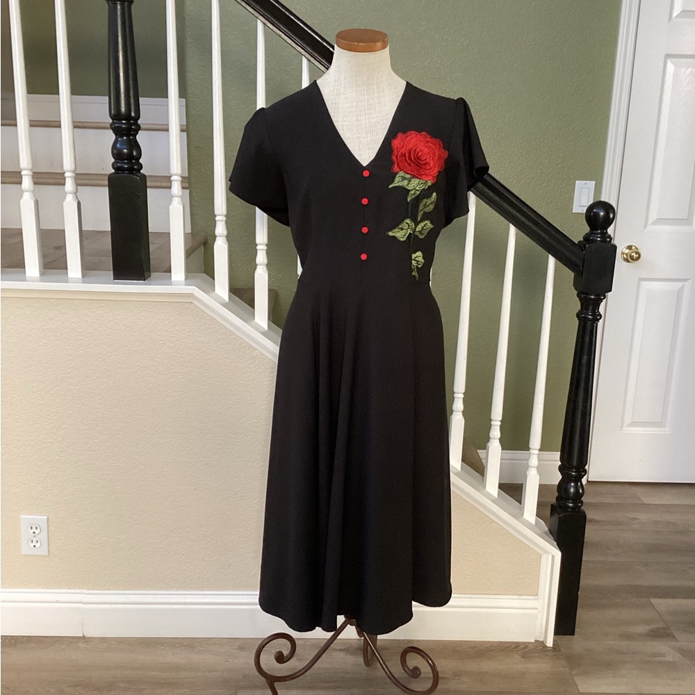 Unique Vintage Black Midi Dress with Red Rose Appliqué
